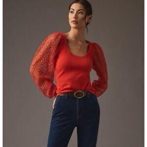 Maeve Anthropologie Women Sz Small Orange Knit Lace Balloon Sleeve Top Blouse
